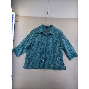 West End Womens Large Teal Sheer Floral Lace Button Up 3/4 Sleeve Blouse Top